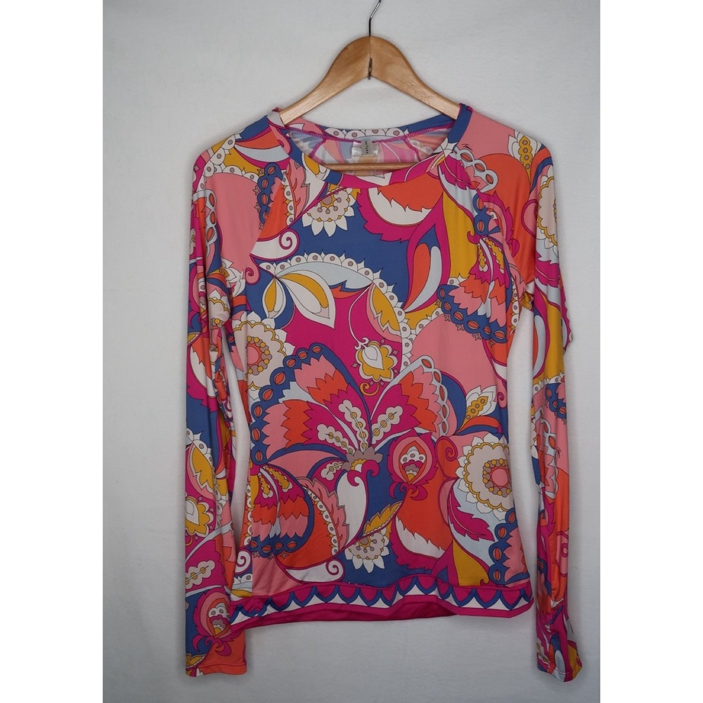Trina Turk L Colorful Paisley Floral Swim Tee Rash Guard Resortcore Beach EUC - Picture 2 of 7